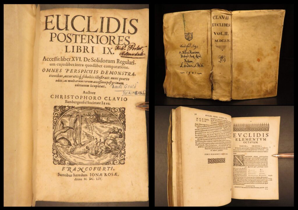 1654 – elements of euclid | ancient mathematics & logic – clavius commentary | euclidis posteriores libri ix, 1654, is a latin edition of euclid’s elements with clavius commentary, covering number theory and geometry in vellum binding.
