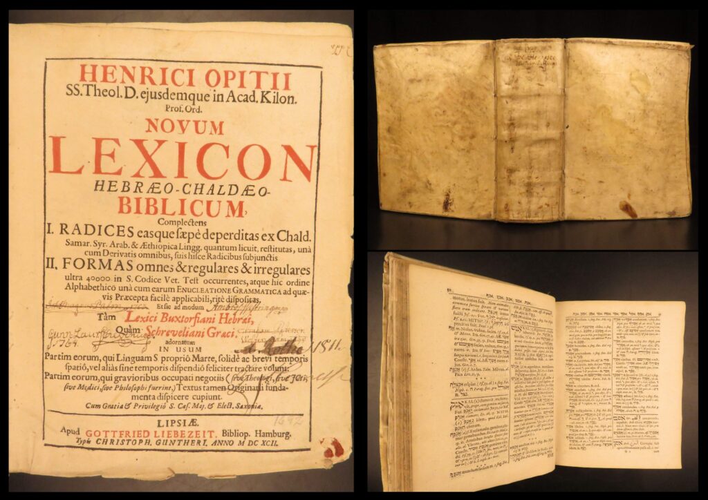 1692 – hebrew bible lexicon – opitz | jewish torah study – vellum, first ed | novum lexicon hebraeo chaldaeo by heinrich opitz, leipzig 1692, is a vellum-bound biblical lexicon covering hebrew and aramaic old testament language.