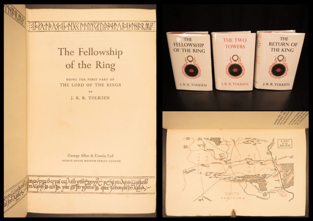 The lord of the rings trilogy – j. R. R. Tolkien, 1955 | true first return of the king | j. R. R. Tolkien’s defined the genre of modern fantasy fiction with his epic trilogy <em>the lord of the rings</em>, as displayed in these first editions. This complete set includes a true first edition of <em>return of the king </em>and folding map of gondor as drawn by tolkien himself.