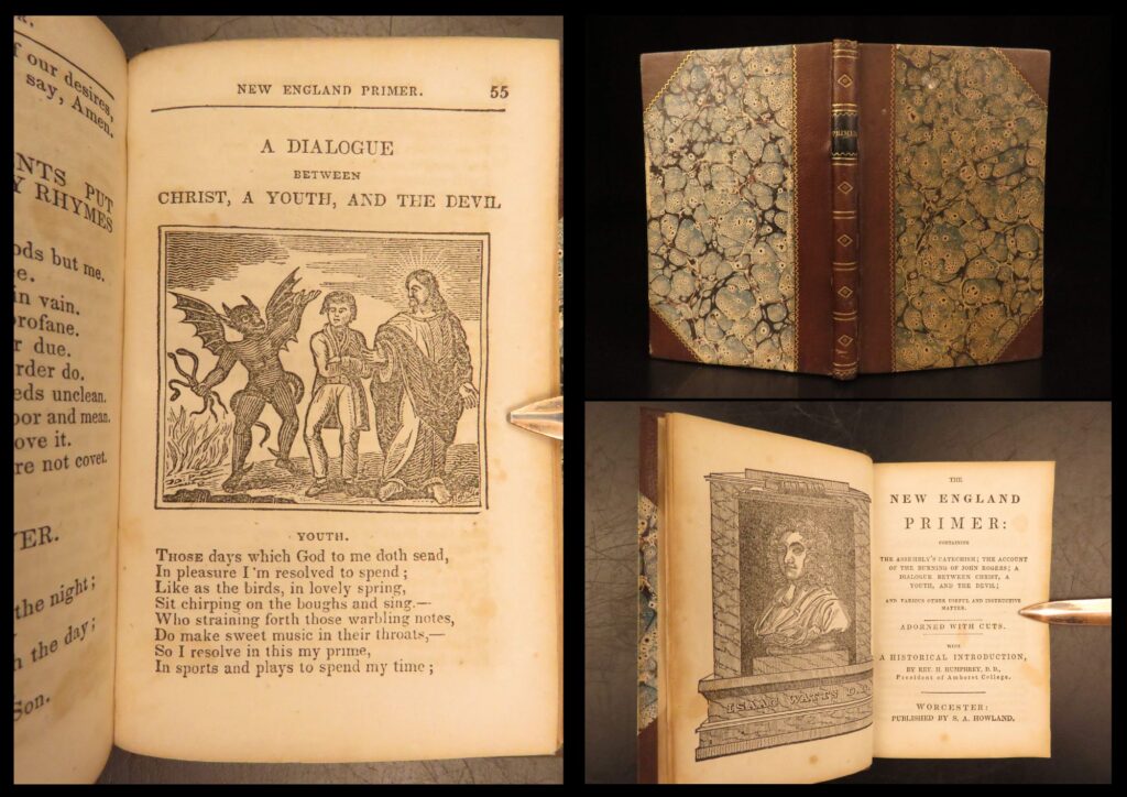 1830 – new england primer | pocketsize english grammar – worcester catechism | the new england primer printed in worcester by s. A. Howland in 1830 containing the assembly’s catechism, devotional prayers, scripture study passages, and the account of john rogers with small woodcut illustrations.