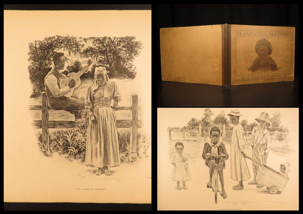 1899 – plantation sketches | first edition, american south & post-slave culture art | plantation sketches by j. Campbell phillips, published in new york by r. H. Russell in 1899, contains 29 comic style illustrated plates depicting plantation scenes in the american south. Large folio illustrated americana volume.