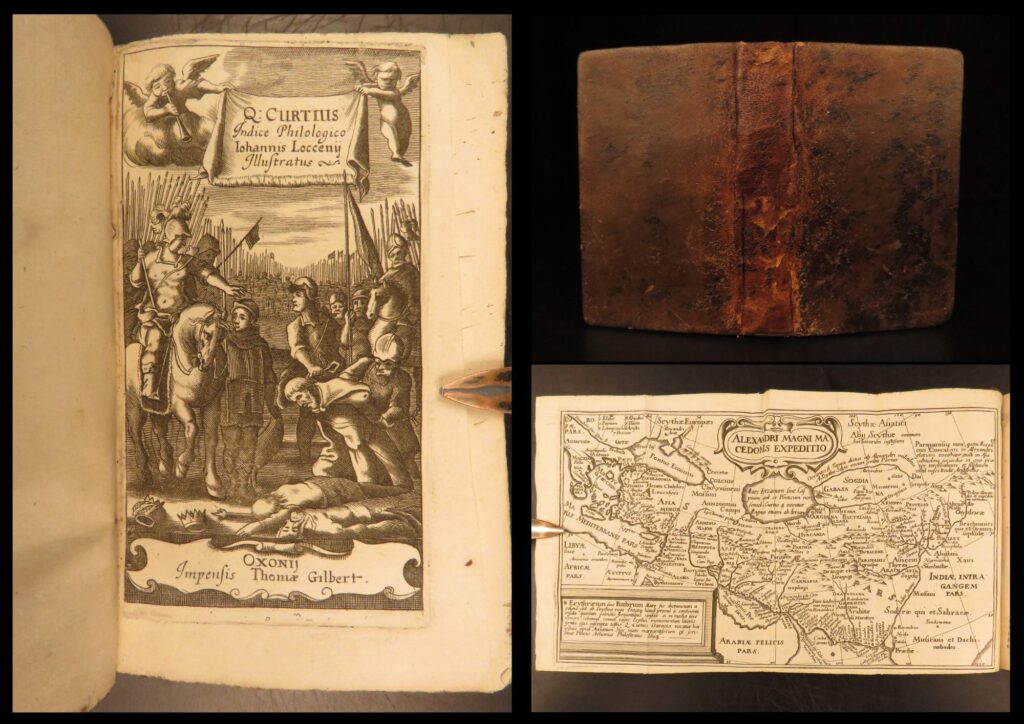 1672 – alexander the great – quintus curtius rufus | latin, maps, greek history | curtius rufus'<em> de rebus gestis alexandri magni</em>, oxford 1672, is a latin account of alexander the great with folding engravings in full leather.