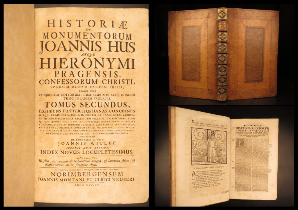 1715 – works of jan hus & saint jerome | reformation hussite sermon, john wycliffe | historia et monumenta joannis hus, nuremberg 1715, volume two, contains hussite sermons, writings, and new testament commentary in a large folio format.