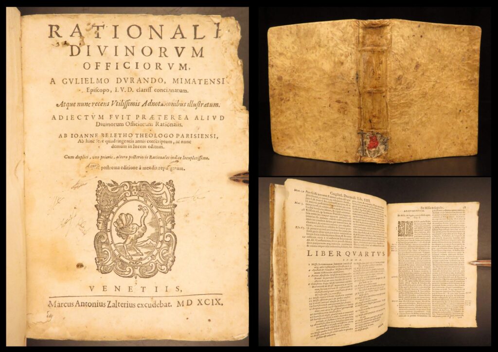 1599 – rationale divinorum officiorum – durand | famous church liturgy history | rationale divinorum officiorum by william durand, venice 1599, presents a key medieval liturgical text in eight books on church ritual, hierarchy, and the mass.