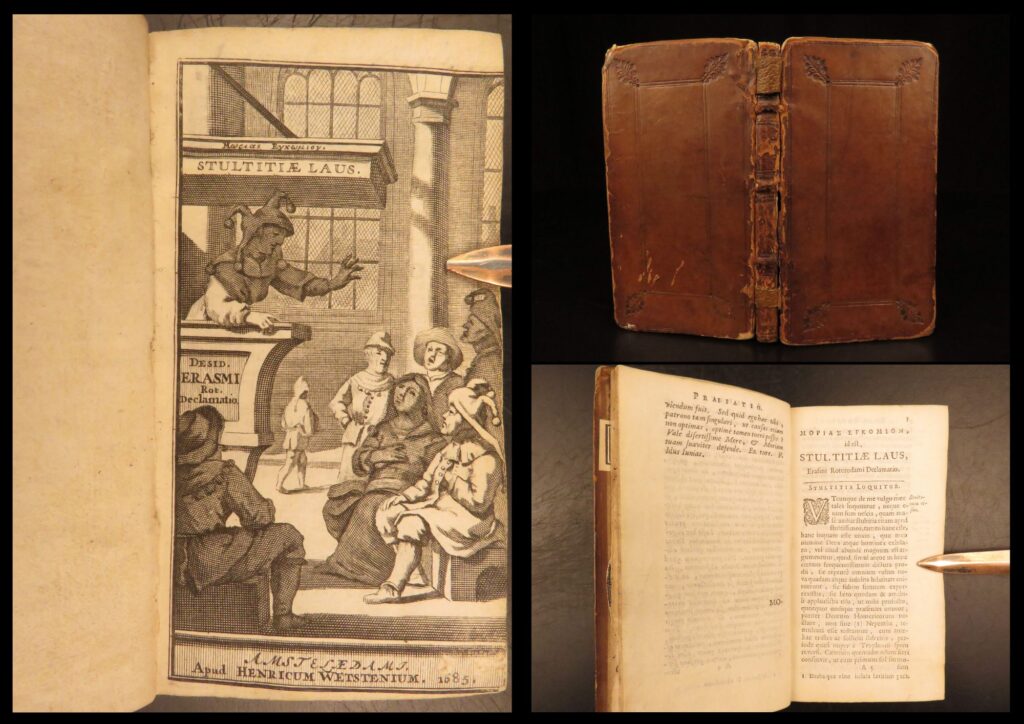 1685 – praise of folly – erasmus of rotterdam | protestant reform & humanism | stultitiae laus by erasmus, amsterdam 1685, is a compact latin edition of the renaissance satire examining society, religion, and classical themes.