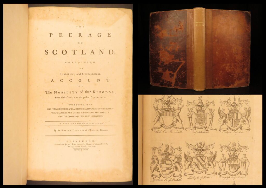 1768 – peerage of scotland – douglas | enormous folio with coat-of-arms engravings | robert douglas’s <em>peerage of scotland</em> is a rare reference work on scottish genealogy with a heavy emphasis on heraldry, including several pages of engraved coats of arms.