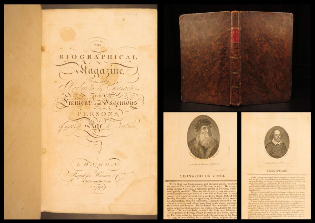 1794 – biographical magazine | famous portraits – da vinci, shakespeare, newton | the biographical magazine (1794) is an illustrated collection of notable figures including shakespeare and newton, featuring 65 engraved portraits in a london-printed volume.