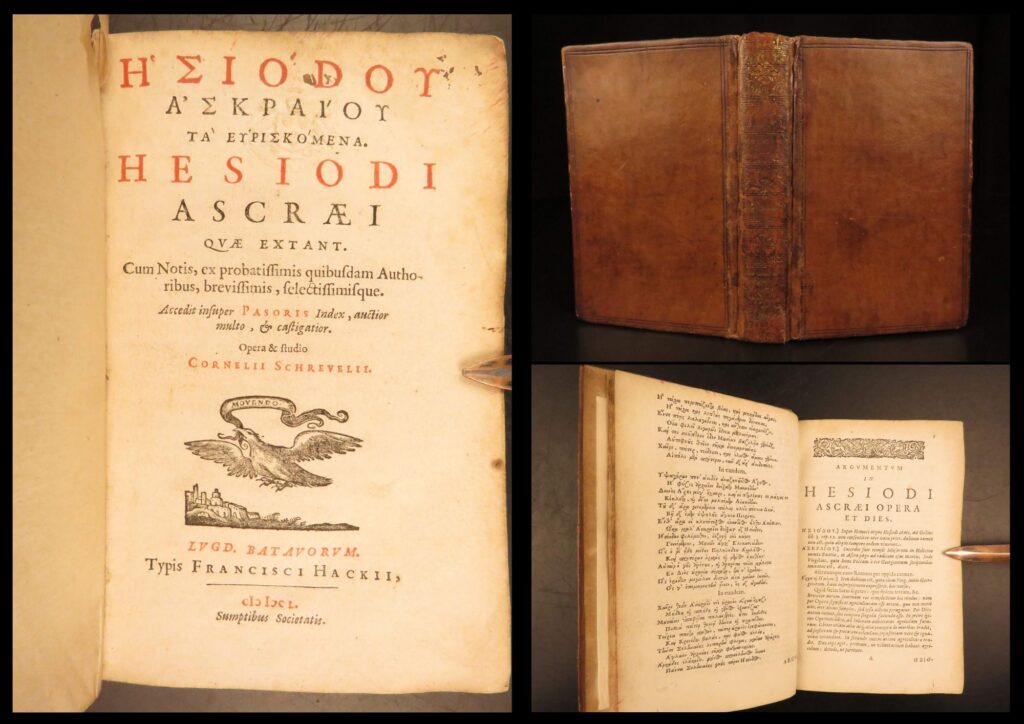 1650 – works of hesiod | theogony, works and days, shield of heracles | latin & greek | hesiodi ascraei quae extant, 1650 leiden edition, presents hesiod’s works in greek and latin, including theogony, works and days, and the shield of heracles.