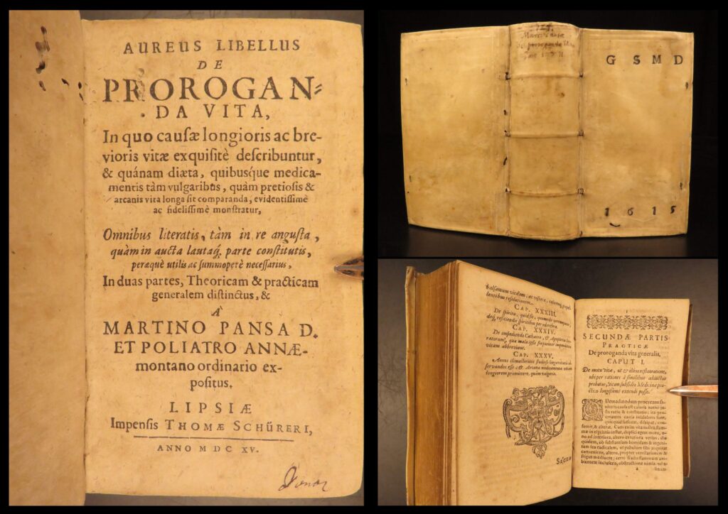1615 – long life & longevity – pansa | medicine – health & exercise, dying | aureus libellus de proroganda vita by martin pansa, 1615, is a latin medical text on longevity, addressing diet, environment, and the causes of long and short life.