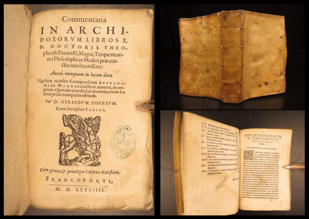 1584 – paracelsus | alchemy, magic & astrology | archidoxorum, astronomia magna | commentaria in archidoxorum libros x by paracelsus, 1584, is a vellum-bound work on alchemy, astrology, and renaissance medicine with commentary by gerard dorn.