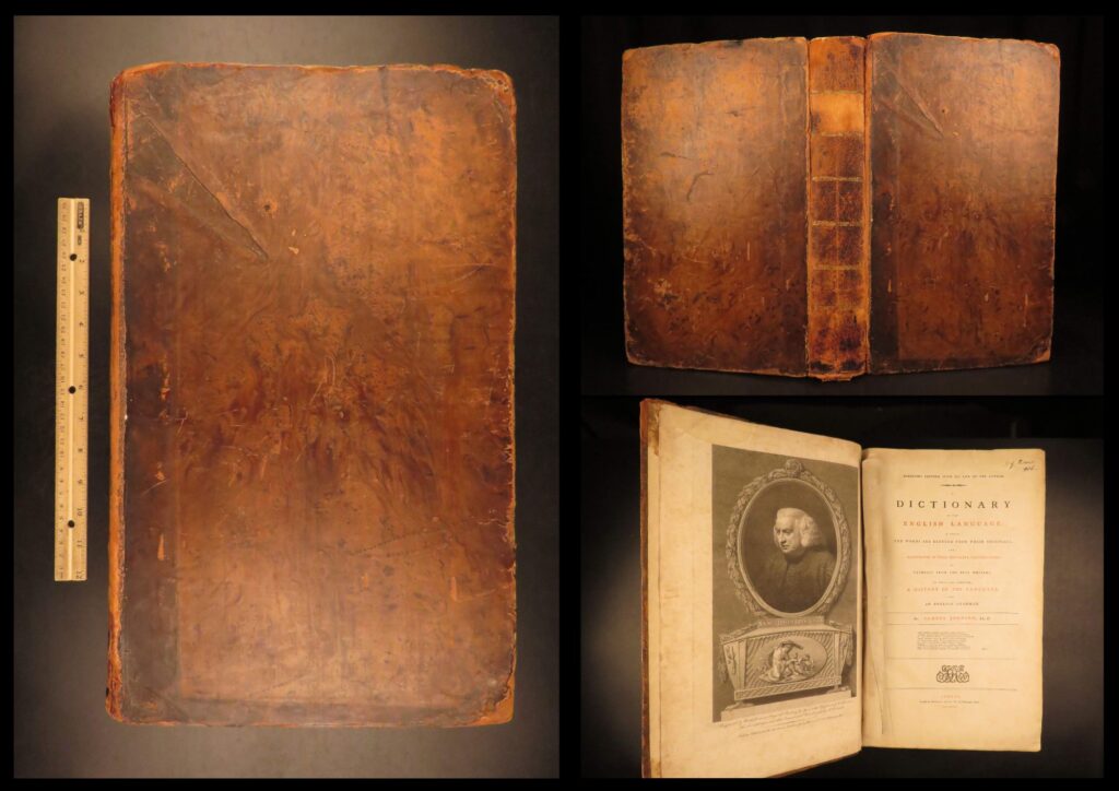 1786 – samuel johnson – dictionary of english language | enormous first edition | first single-volume folio edition of samuel johnson’s 1786 a dictionary of the english language, printed in london by harrison and co. , complete and well preserved in contemporary leather binding.