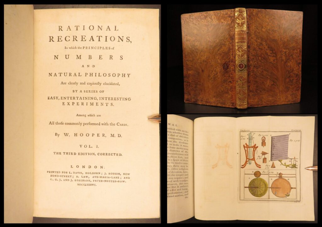 1787 – rational recreations | magic tricks, optics secrets, illustrated gadgets | william hooper’s rational recreations, 1787 volume i, presents scientific experiments, numerical principles, and optical devices, illustrated with 12 folding plates including colored examples.